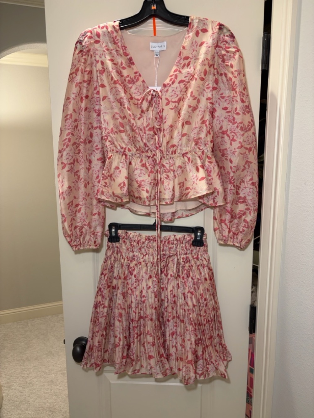 NWT Super Cute Ulla Johnson Pink Floral Peplum Blouse and Pleated Skirt Set